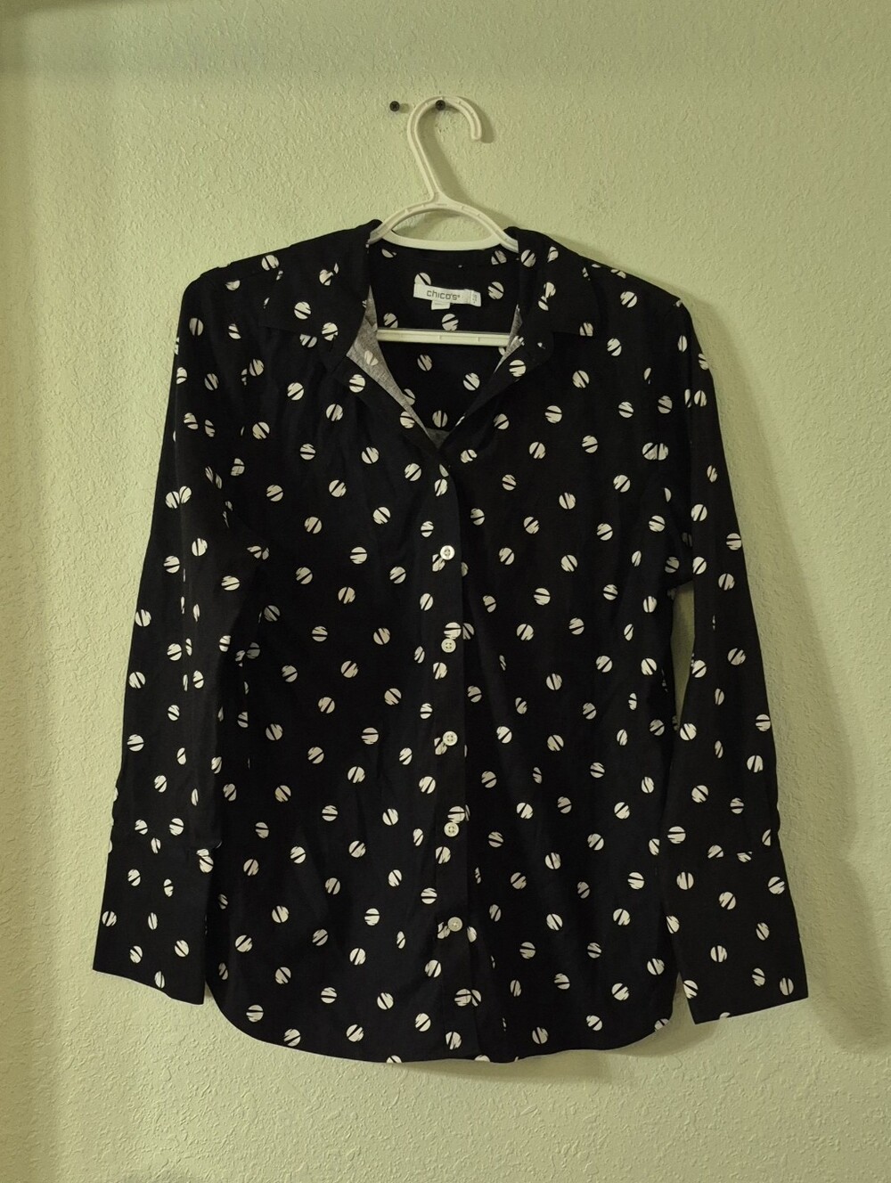 Chico's Black Button-Down Shirt with White Spot Pattern